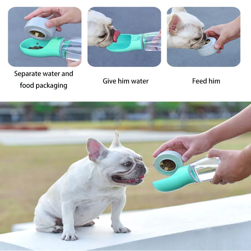 Pet water and food dispenser with a dog drinking from it, shown in multiple stages.