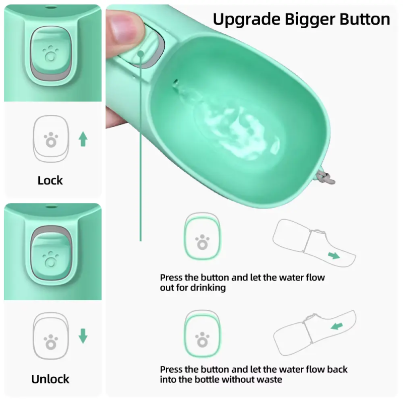 Green pet water bottle with features highlighted on a white background