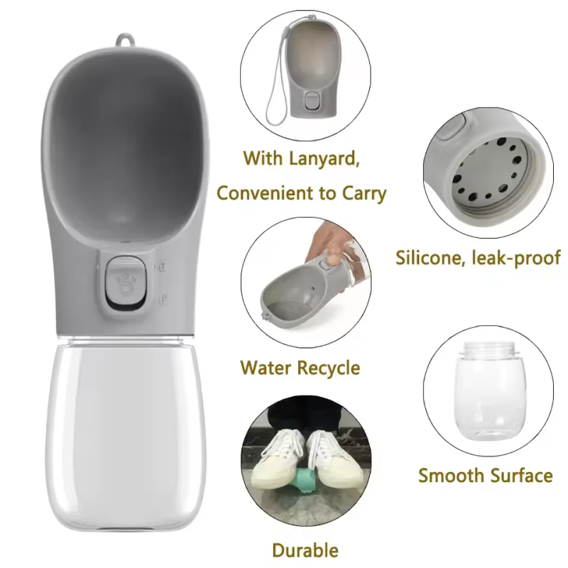 Pet water bottle with features highlighted on a white background
