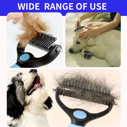 Pet grooming comb with images of use on a blue background