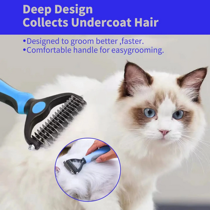 Cat being groomed with a grooming comb, text highlighting features of the comb.