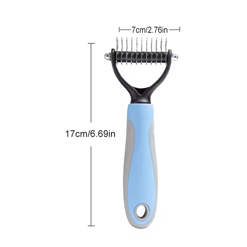 Pet grooming tool with measurements on a white background