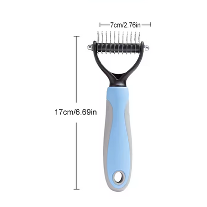 Pet grooming tool with measurements on a white background