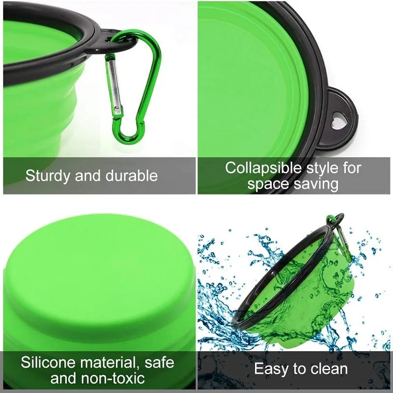 Green collapsible silicone travel bowl with carabiner on a white background