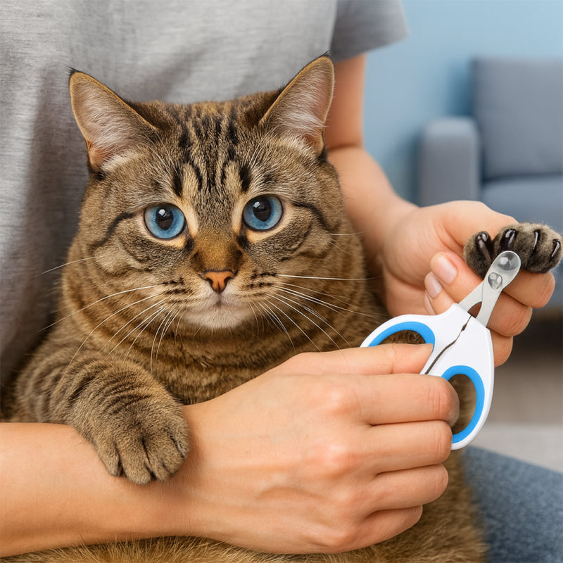 Person holding a cat's paw with a pair of pet nail clippers in a home setting