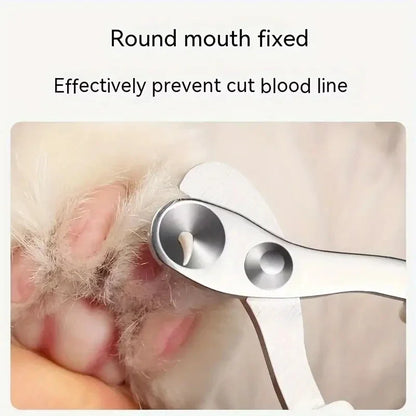 Pet nail trimmer being used on a pet's paw with text indicating it effectively prevents cut blood lines.