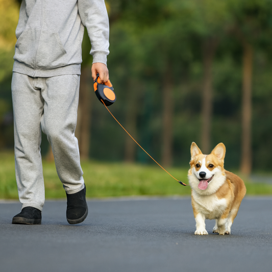 Person walking a corgi dog on a leash in a park