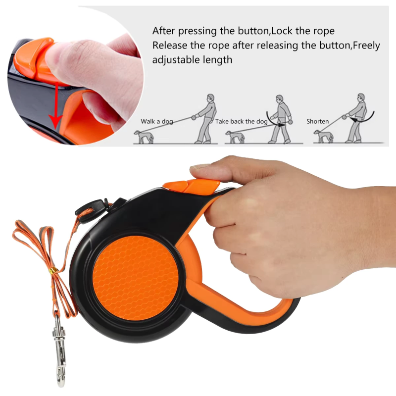 Orange and black retractable dog leash with hand holding it, showing usage instructions.