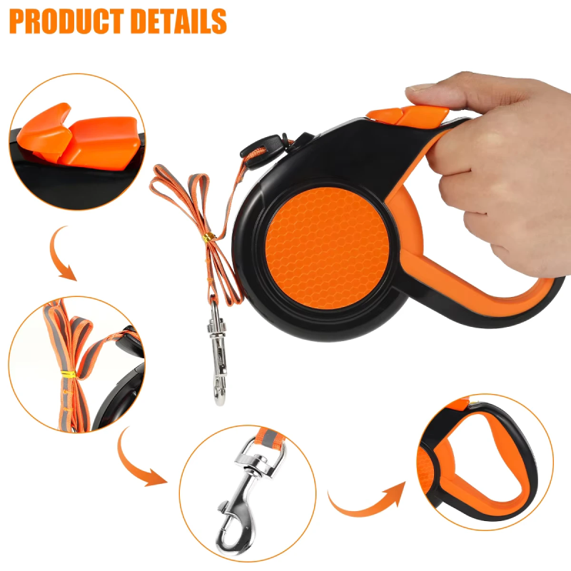 Orange and black retractable dog leash with detailed features on a white background