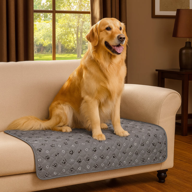 Dog sitting on a pet-friendly couch with a paw-patterned mat in a home setting.