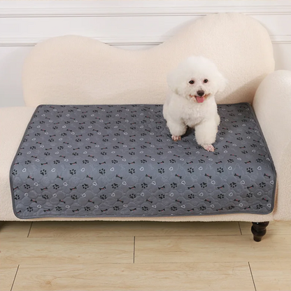 White dog sitting on a patterned pet mat on a couch