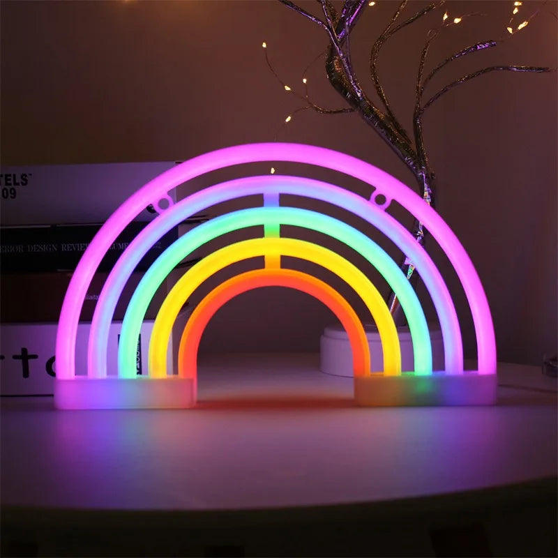 Neon rainbow arch light on a dark background
