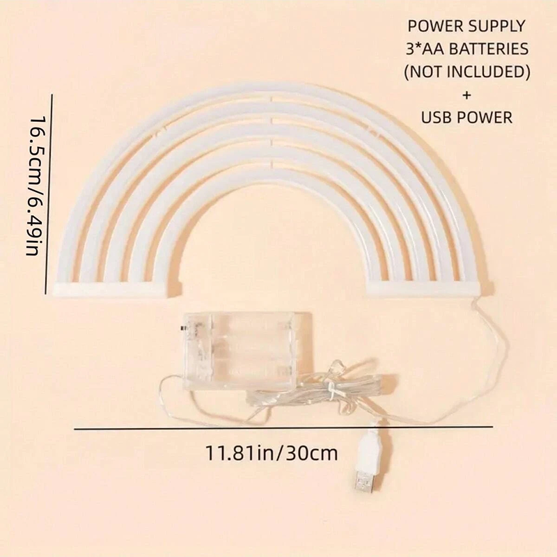 Rainbow-shaped LED light with power supply and USB cable on a beige background