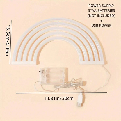Rainbow-shaped LED light with power supply and USB cable on a beige background