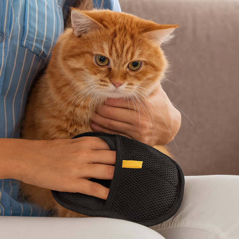 Person holding an orange cat in a black mesh carrier with a yellow tag.