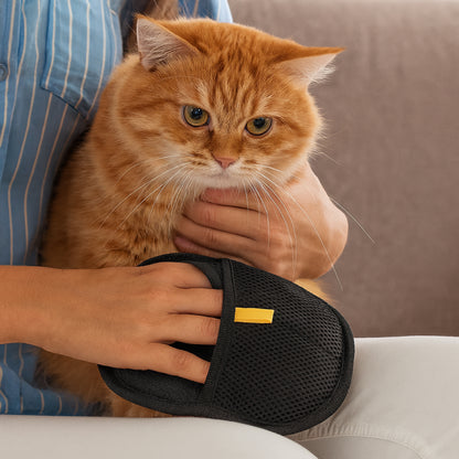 Person holding an orange cat in a black mesh carrier with a yellow tag.