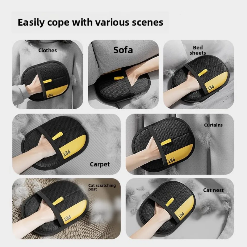 Black and yellow cleaning brush with various uses on a gray background