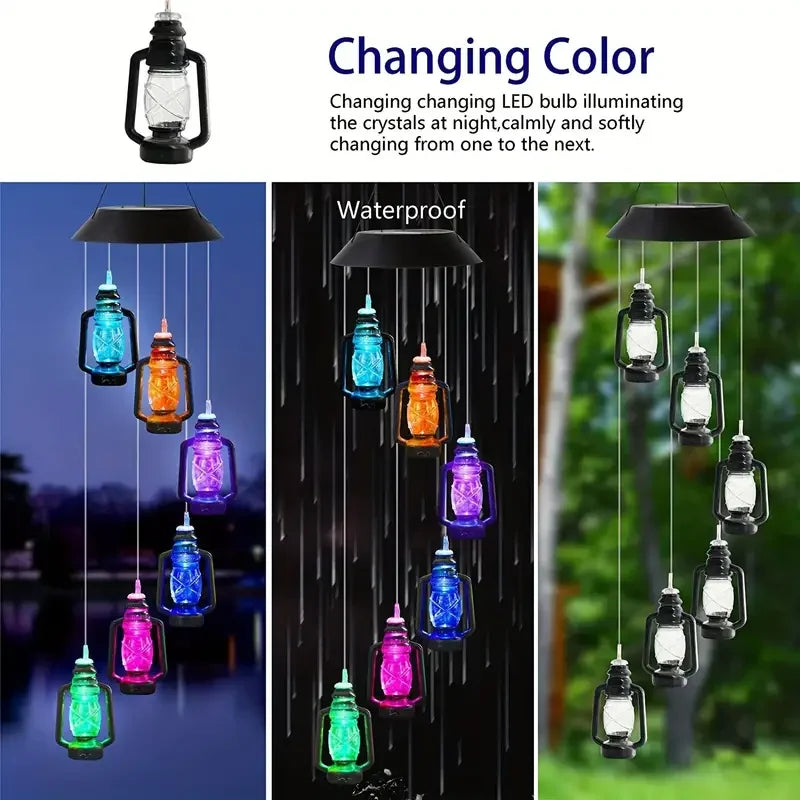 Color-changing LED solar lanterns with waterproof feature, shown in various lighting conditions.