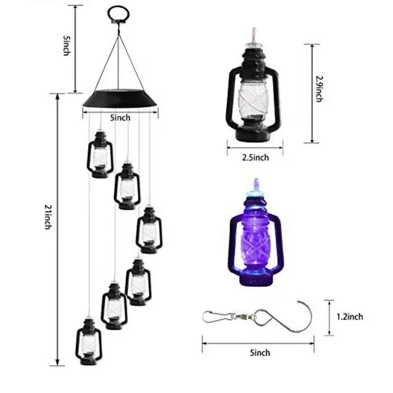 Measurement chart of various lanterns and a water bottle with dimensions labeled.