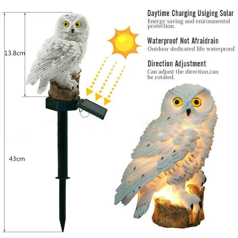 Solar-powered owl light with charging and waterproof features, shown with measurements and text.