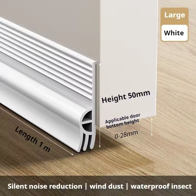 White door sealing strip with dimensions and features on a wooden floor background