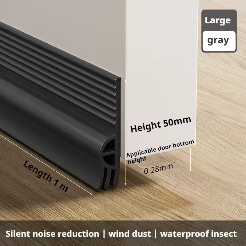 Black door bottom seal strip on a wooden floor with product details.