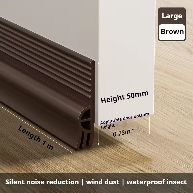 Brown door sealing strip with measurements and features on a wooden floor background