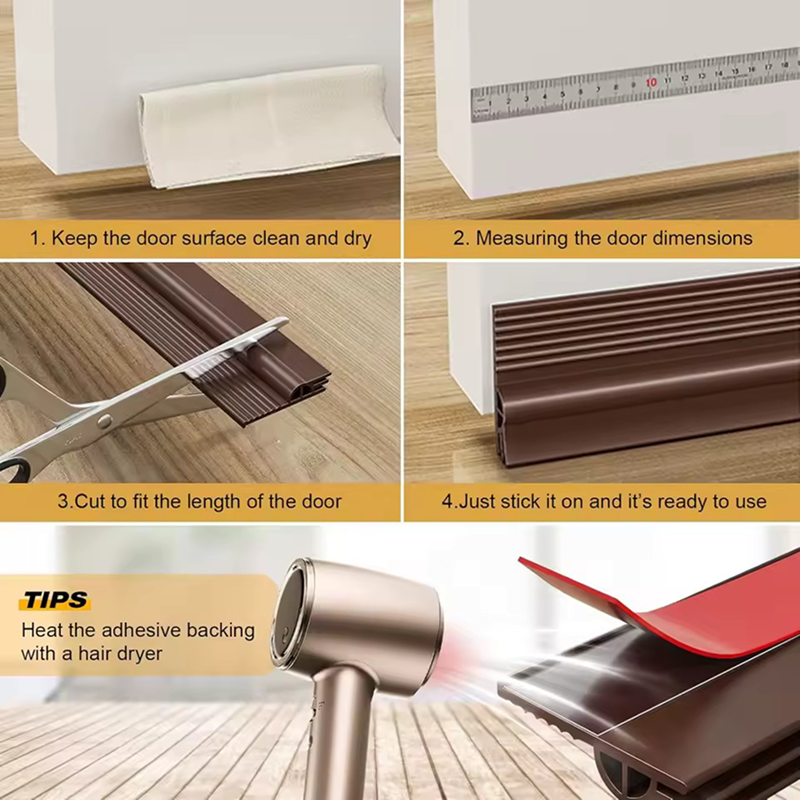 Step-by-step guide on installing a door seal with measurements and tools.