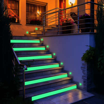 Staircase with green LED lights at night, illuminated by warm exterior lights.