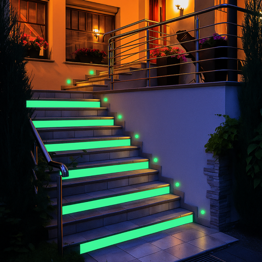 Staircase with green LED lights at night, illuminated by warm exterior lights.