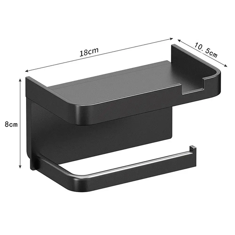 Black wall-mounted toilet paper holder with dimensions indicated
