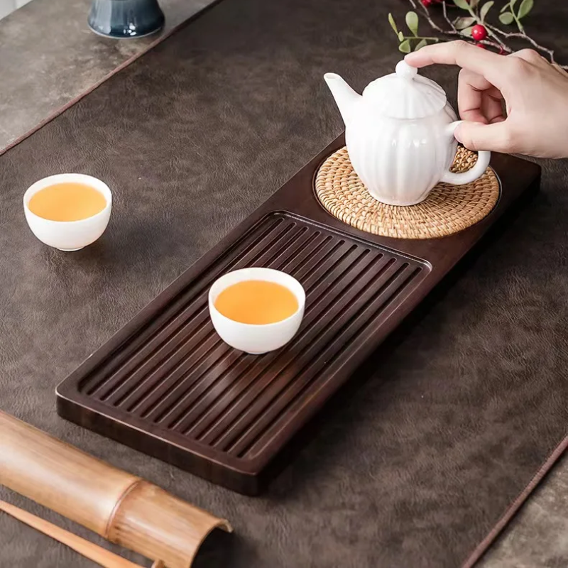 Solid Bamboo Tea Tray – Portable Rectangular Serving Tray with Rattan Mat