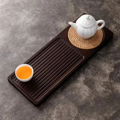 Solid Bamboo Tea Tray – Portable Rectangular Serving Tray with Rattan Mat