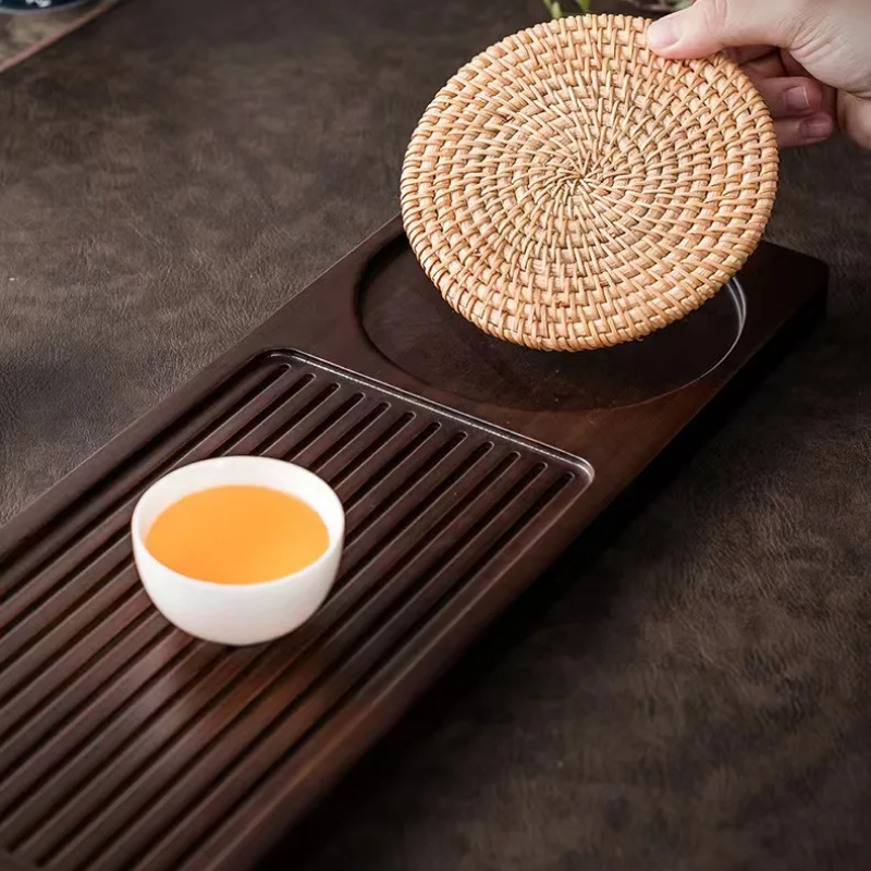 Solid Bamboo Tea Tray – Portable Rectangular Serving Tray with Rattan Mat