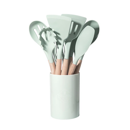 12-Piece Silicone Cooking Utensils – Non-Stick, Heat-Resistant Spatula & Spoon Set with Wooden Handles