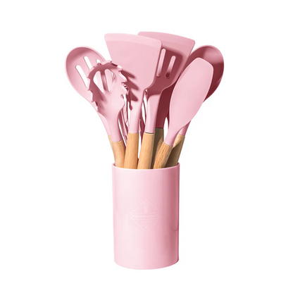 12-Piece Silicone Cooking Utensils – Non-Stick, Heat-Resistant Spatula & Spoon Set with Wooden Handles