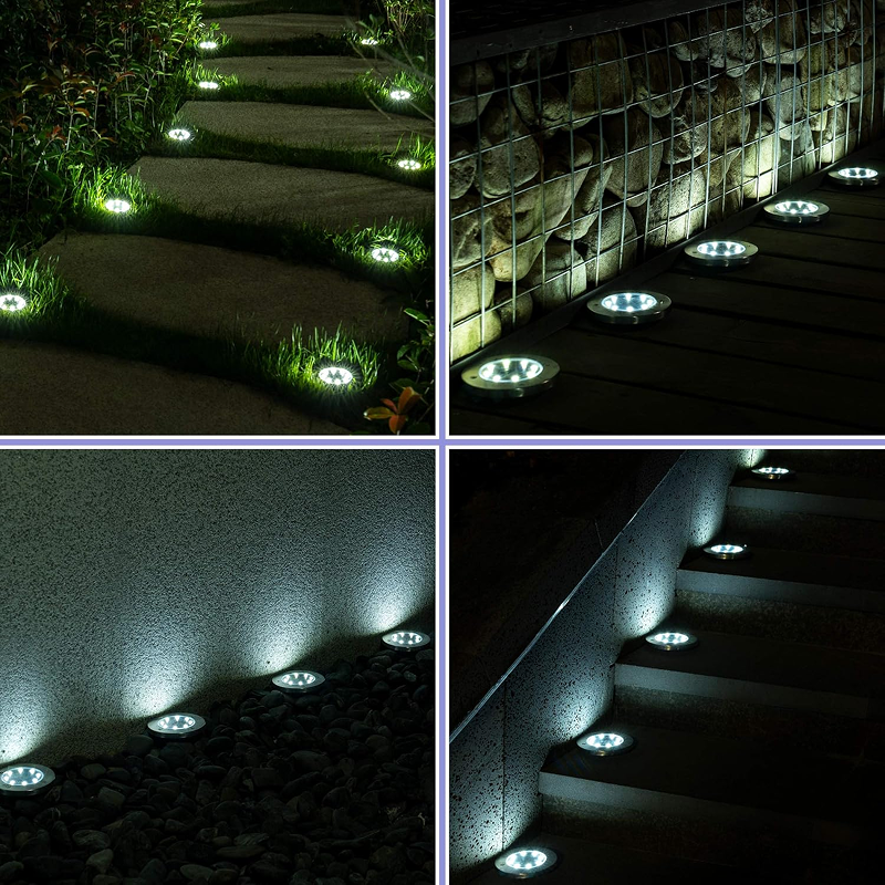 Collage of outdoor lighting fixtures on various surfaces including steps, walls, and ground.