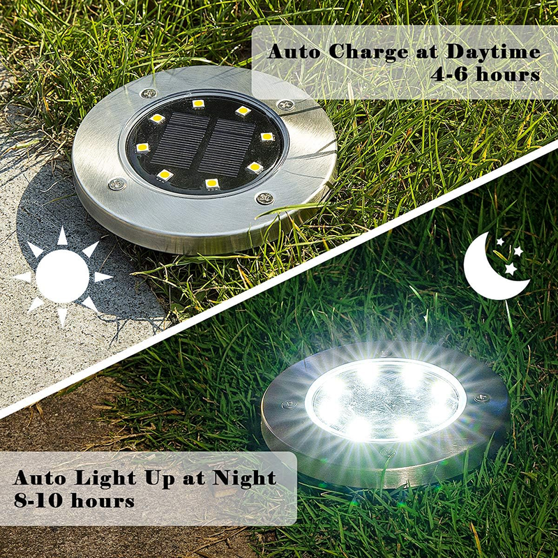Solar-powered ground light charging during the day and illuminating at night on grass.