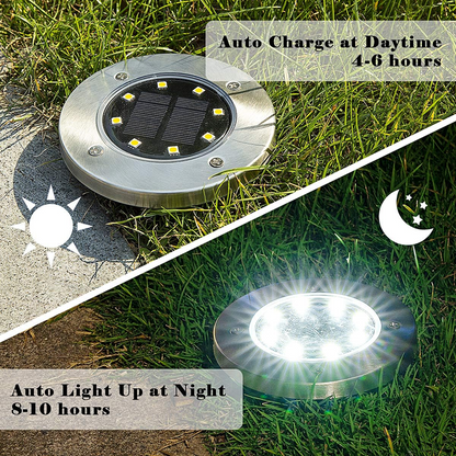 Solar-powered ground light charging during the day and illuminating at night on grass.