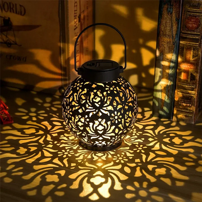 Decorative lantern casting intricate shadows on a surface