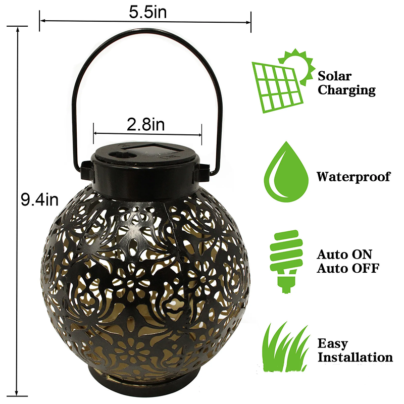 Solar lantern with dimensions and features on a white background