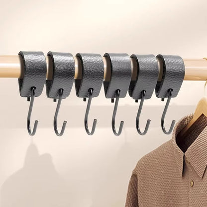 5 Pcs S Hooks with Leather Loop – Black Metal Wall Hooks for Hanging Plants, Clothes, Kitchen Utensils, Pots, Pans & Bags