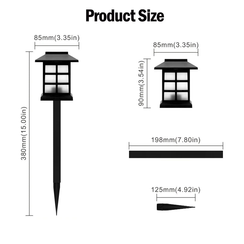 Garden stake light with dimensions on a white background