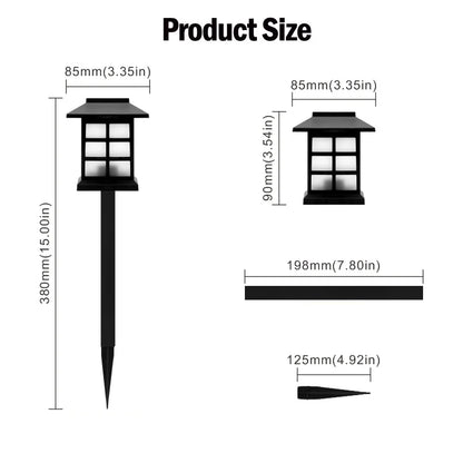 Garden stake light with dimensions on a white background