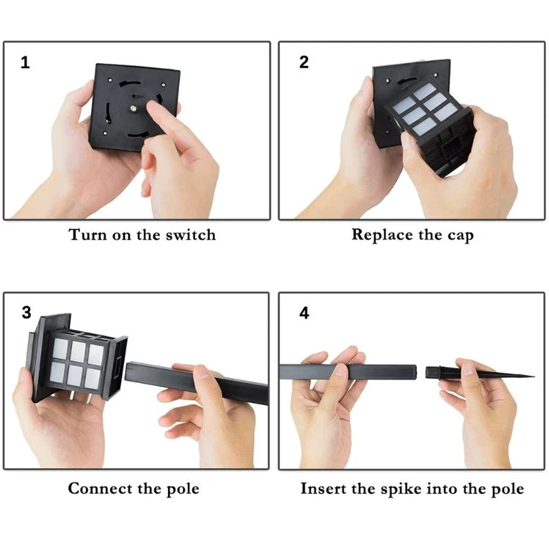 Step-by-step assembly instructions for a device with switch, cap, pole, and spike components.