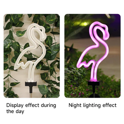 Neon flamingo light fixture shown during the day and at night with greenery in the background.