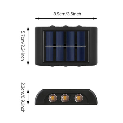 Solar-powered LED light with dimensions labeled on a white background