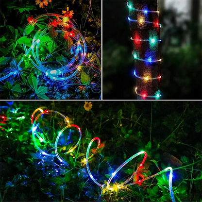 Collage of LED string lights in use on plants and grass