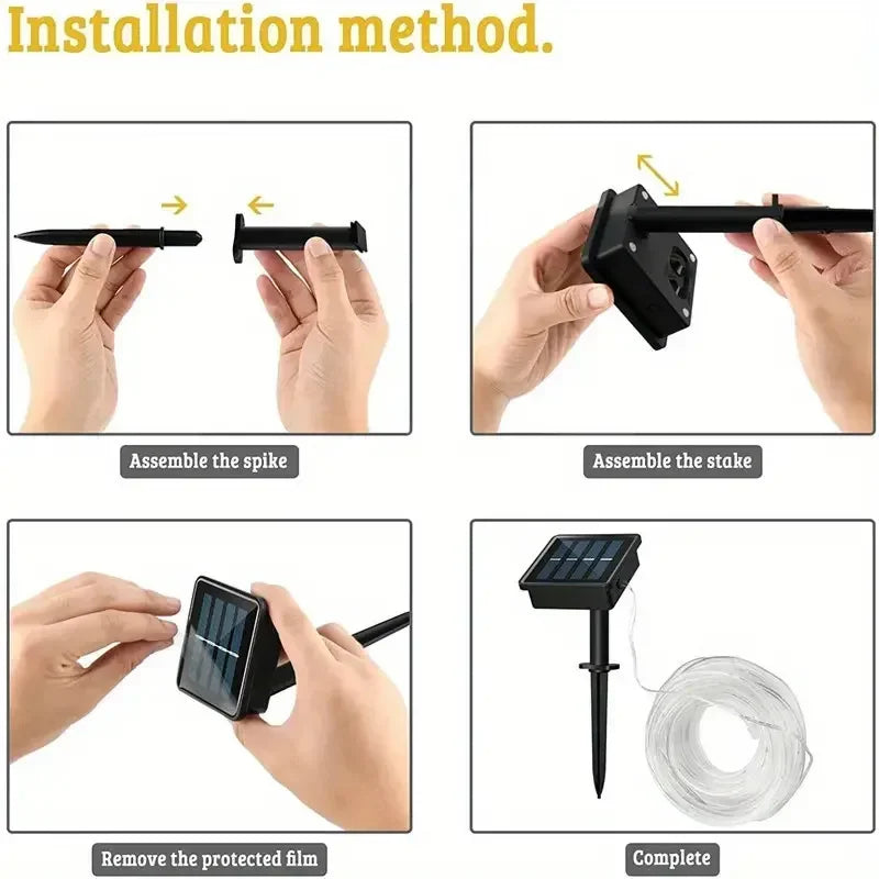 Step-by-step guide on how to assemble a solar light with spike and stake, including removing the protected film.