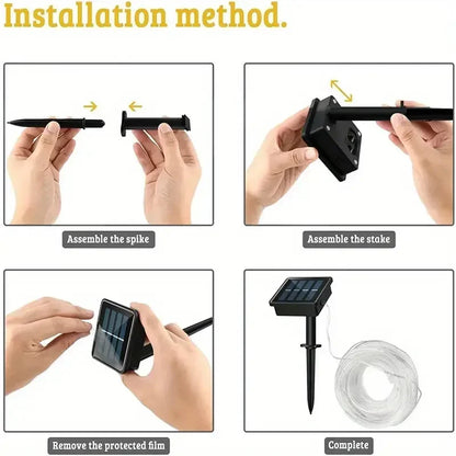 Step-by-step guide on how to assemble a solar light with spike and stake, including removing the protected film.